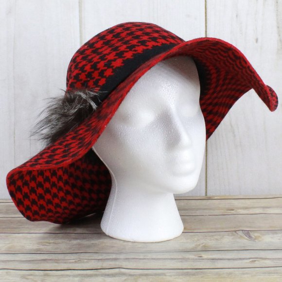 Something Special Accessories - Something Special Red Houndstooth Wool Felt Soft Wide Brim Hat Size OS